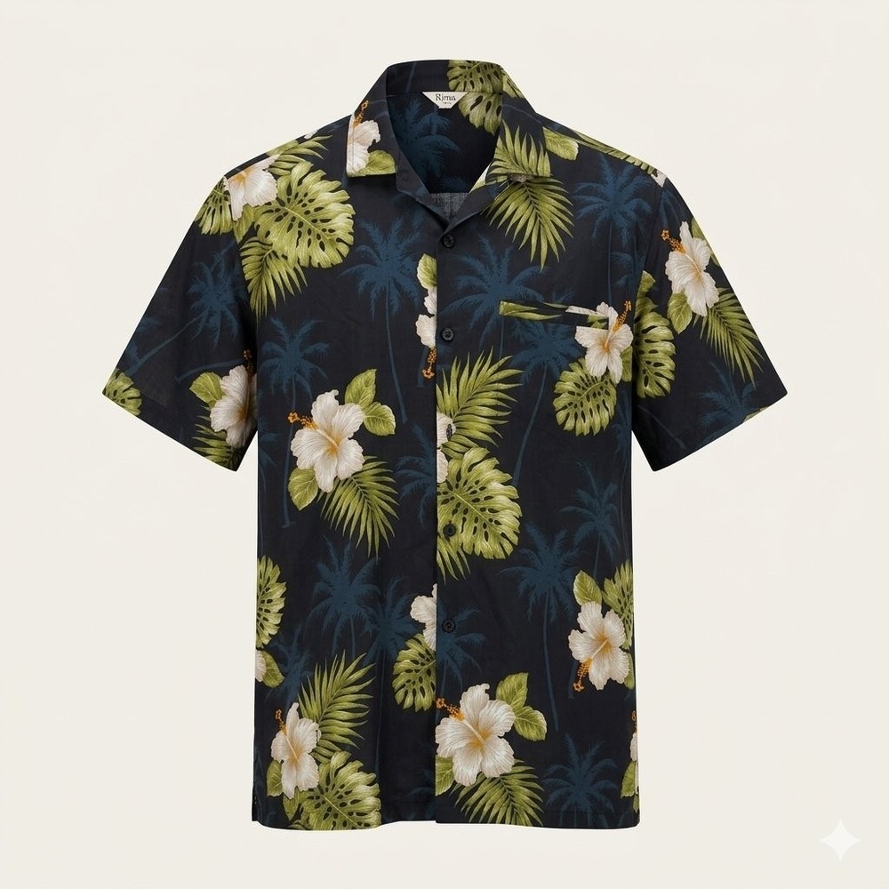 Rima Mens Black Hibiscus Monstera Floral Terivoile Hawaiian Camp Shirt Medium